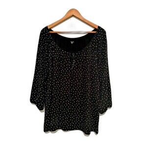 Garnet Hill Peasant Top Black/White Polka Dot 3/4 Sleeve Blouse L Tie Neck Knit